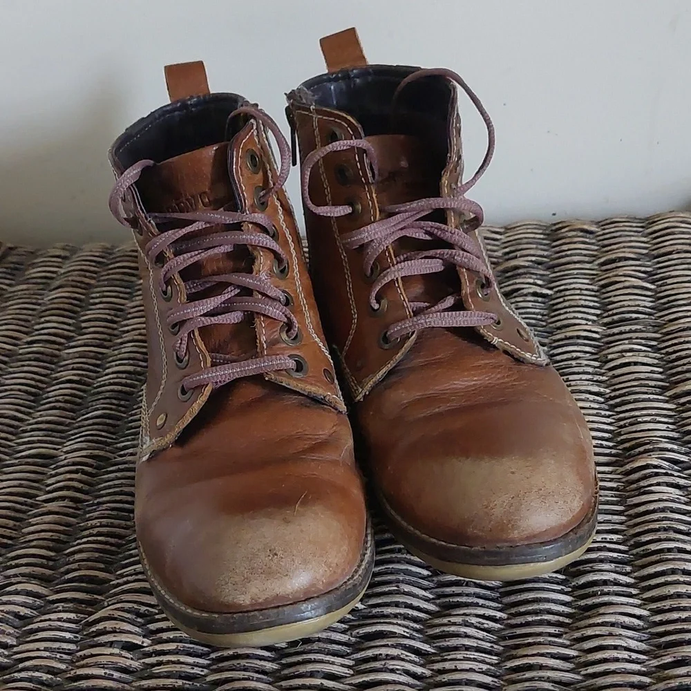 Crevo Men's Brown Leather Lace-Up Side-Zip Boots